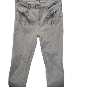 🦄 Between Us Chic Silver Skinny Jeans with Bling Fringe Details Size 18